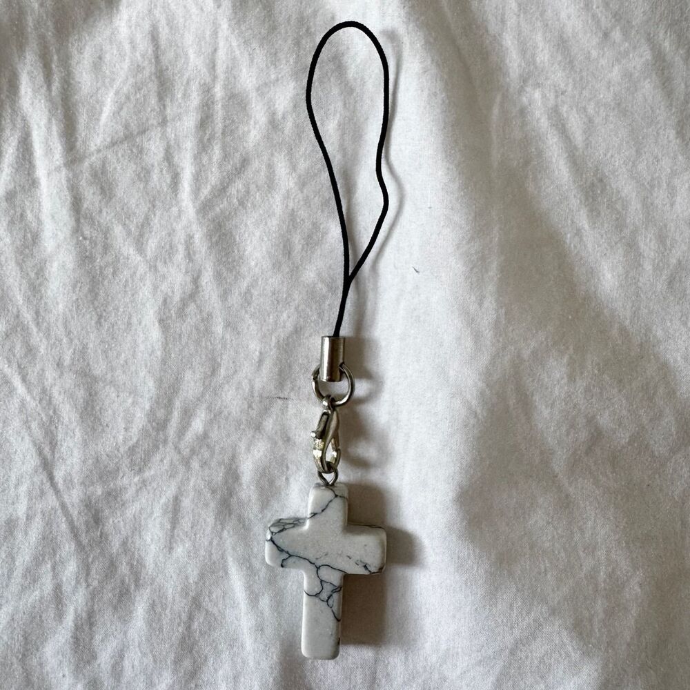 White Stone Cross Charm with Loop for Keychain or Bracelet